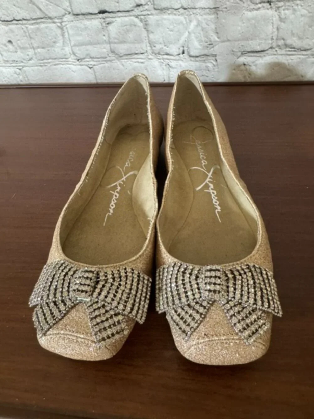Jessica Simpson Gold Glitter Rhinestone Bow Flats Square Toe Size 6M